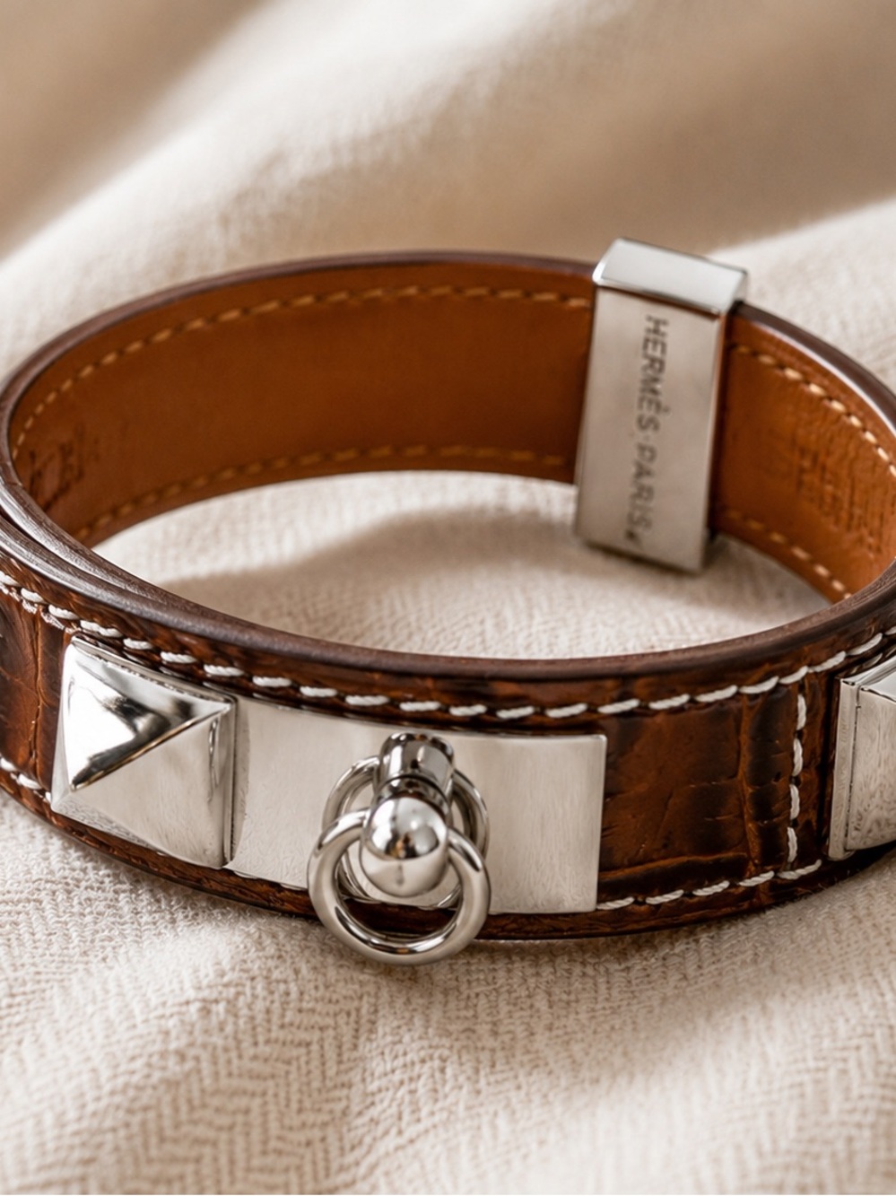 Hermes Brown Leather Collier de Chien Bracelet with Palladium Studs